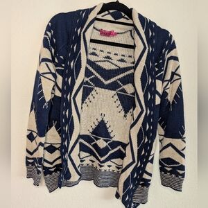 Boohoo Aztec Print Open Front Cardigan Navy Cream Knit Sweater S/M Western Boho